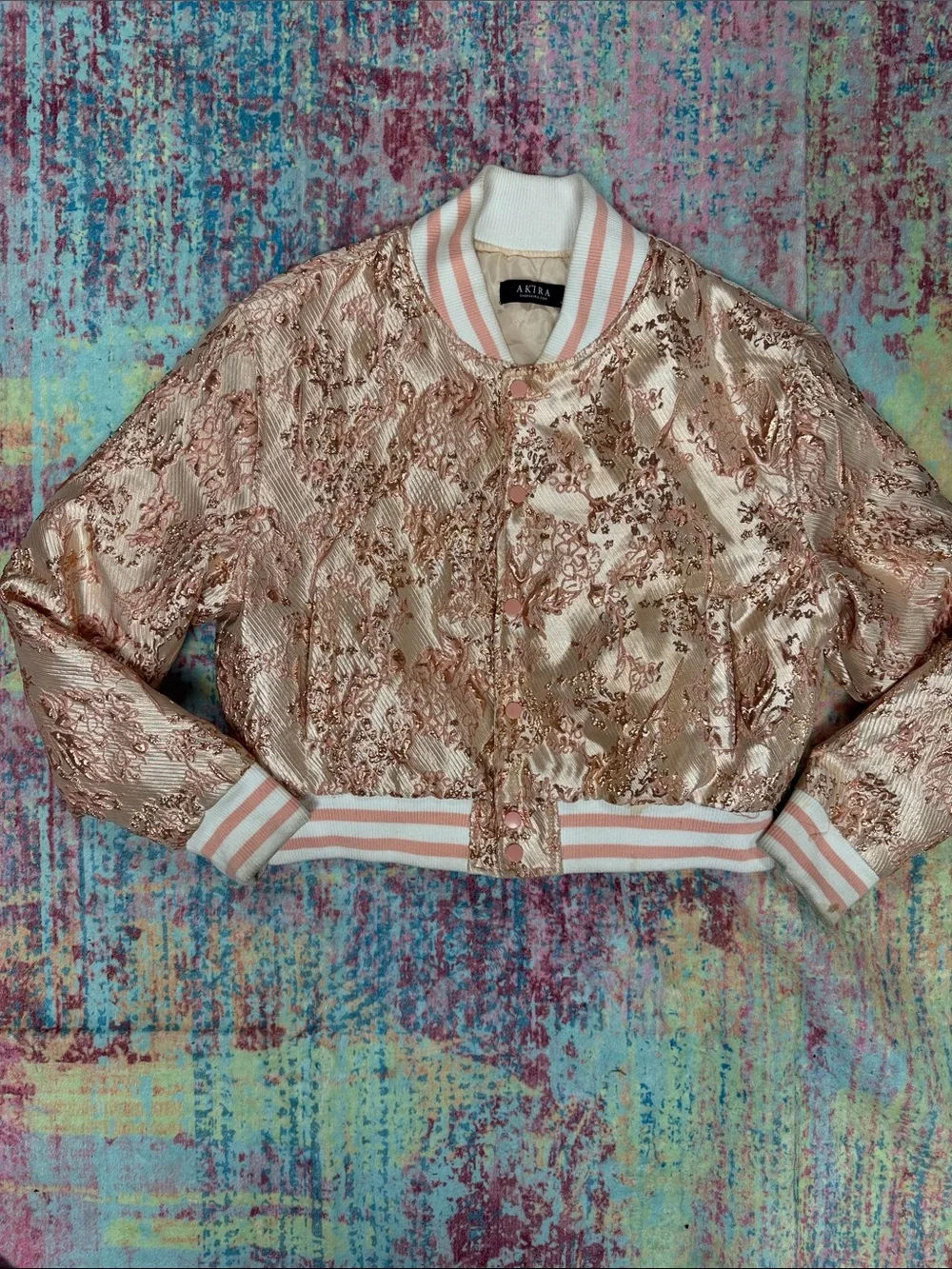 AKIRA Rose Gold Metallic Bomber Jacket with Blush Trim